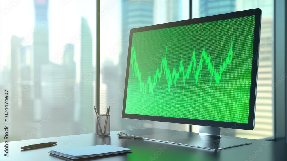Monitor displaying green stock chart in a modern office with city view Monitor displaying green stock chart in a modern office with city view