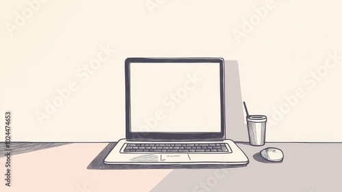 Minimalist Workspace with Laptop, Coffee Cup, and Mouse