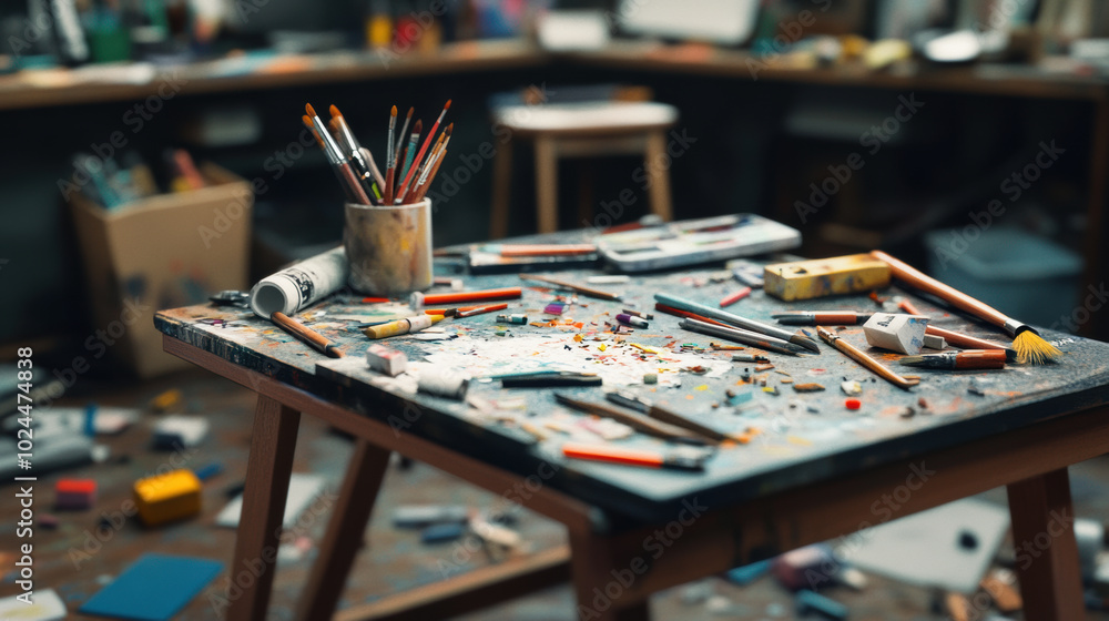 Creative chaos fills this art studio, with desk overflowing with colorful supplies like pencils, brushes, and paint tubes, showcasing vibrant energy of artistic expression Creative chaos fills this art studio, with desk overflowing with colorful supplies like pencils, brushes, and paint tubes, showcasing vibrant energy of artistic expression