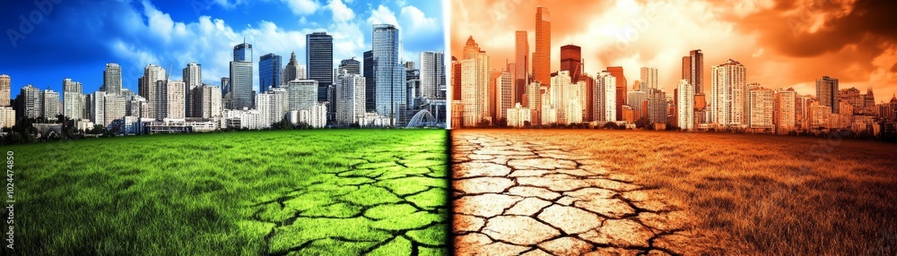 Fototapeta premium Urban decay meets nature's resilience, a city split between cracked earth and vibrant green field