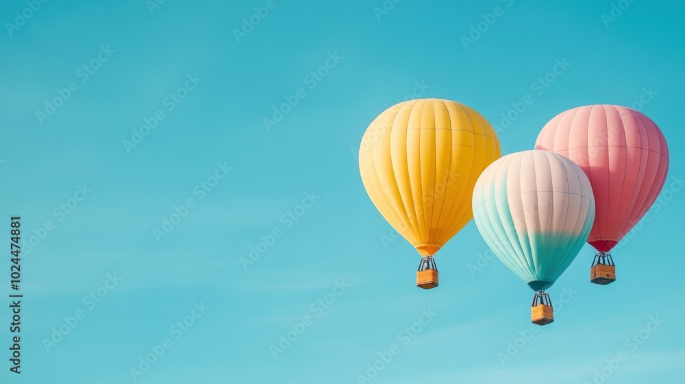 Fototapeta premium Colorful hot air balloons floating in a clear blue sky, symbolizing adventure and freedom.