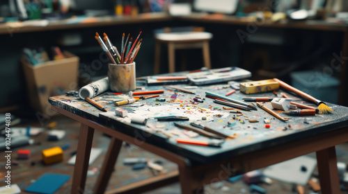 Creative chaos fills this art studio, with desk overflowing with colorful supplies like pencils, brushes, and paint tubes, showcasing vibrant energy of artistic expression