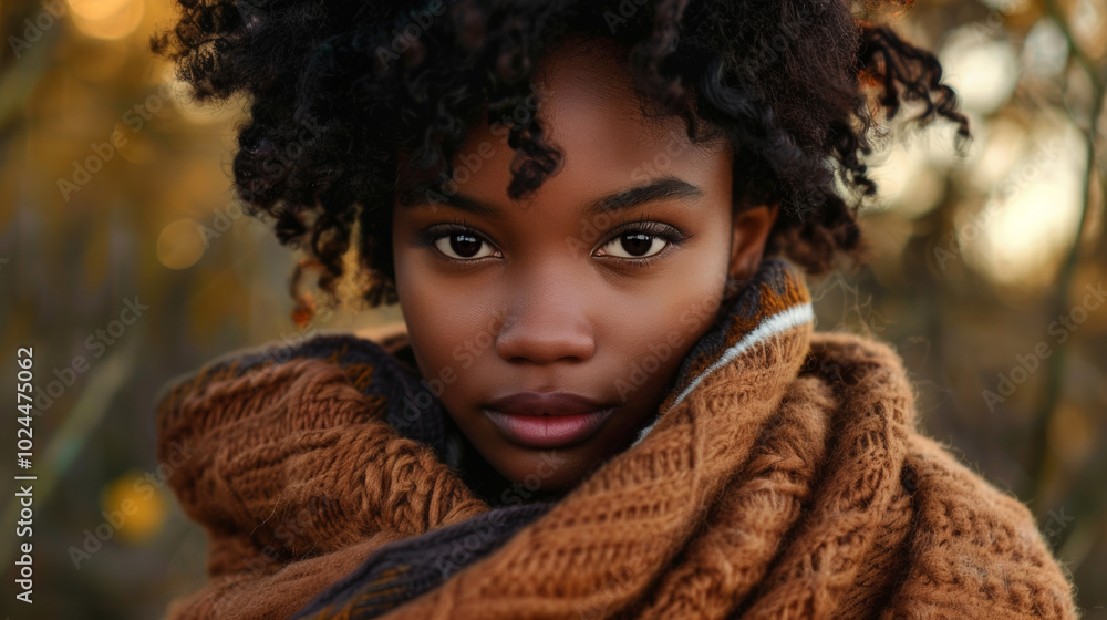 Stylish African American woman with short haircut wrapped in a ethnic wool blanket. Stylish African American woman with short haircut wrapped in a ethnic wool blanket.