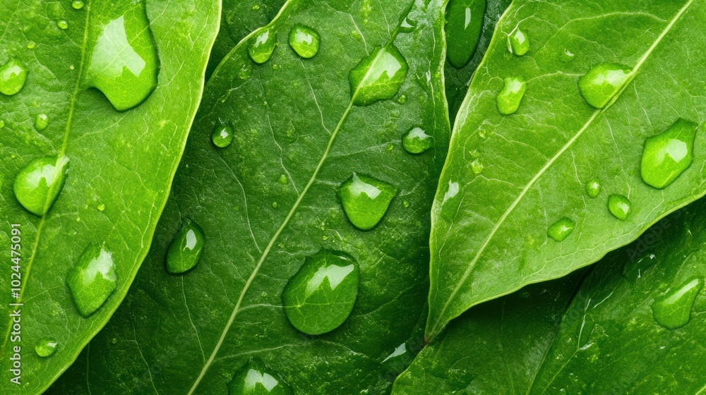 Fototapeta premium Close-up of fresh green leaves with water droplets, showcasing nature's beauty and freshness.