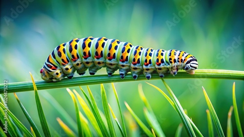 Macro close-up of an asymmetrical caterpillar of a butterfly on a blade of grass