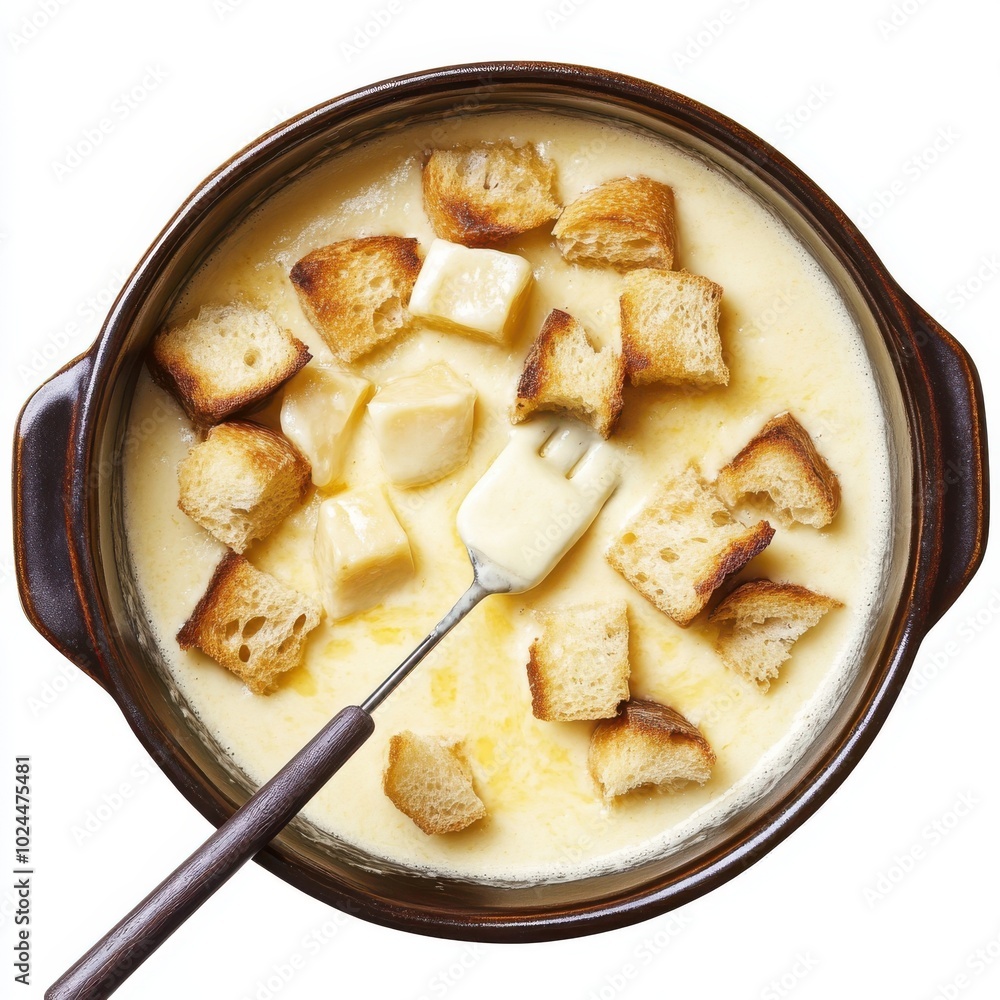 A pot of creamy cheese fondue with several cubes of toasted bread scattered on top A pot of creamy cheese fondue with several cubes of toasted bread scattered on top