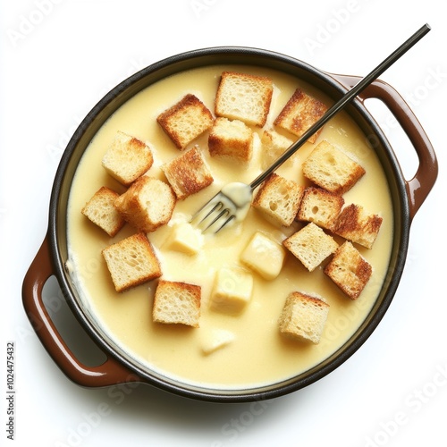 A pot of creamy cheese fondue with several cubes of toasted bread scattered on top