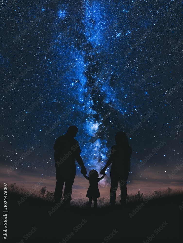 Silhouettes of a family with a child standing on a hill against the background of the night starry sky. Mother and father with a child holding hands. Silhouettes of a family with a child standing on a hill against the background of the night starry sky. Mother and father with a child holding hands.
