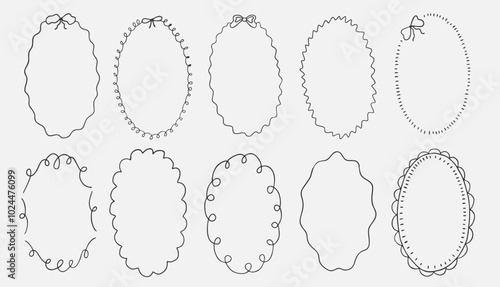 Oval whimsical wavy scallop frame with bow tie in doodle trendy style. Border with elegant outline loop for greeting cards.