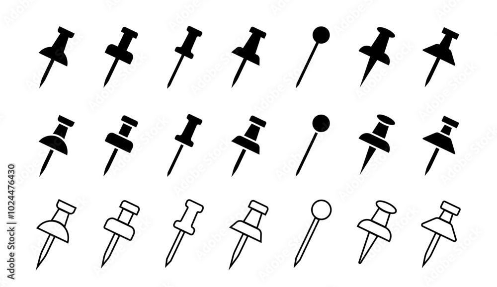 Push pin icon set. Map pin place marker. Pin sign icons for web site. Vector illustration. Push pin icon set. Map pin place marker. Pin sign icons for web site. Vector illustration.