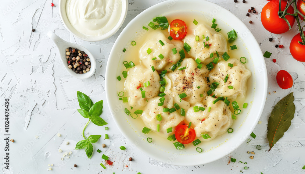 Dumplings in broth with tomatoes and herbs Dumplings in broth with tomatoes and herbs