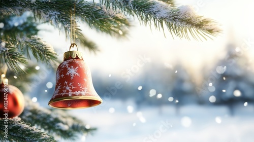 A festive red bell hangs on christmas tree, spreading holiday cheer festive