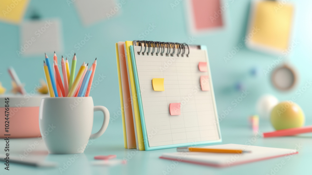 colorful planner with sticky notes sits on desk surrounded by stationery, creating organized and vibrant workspace. scene evokes sense of creativity and productivity colorful planner with sticky notes sits on desk surrounded by stationery, creating organized and vibrant workspace. scene evokes sense of creativity and productivity