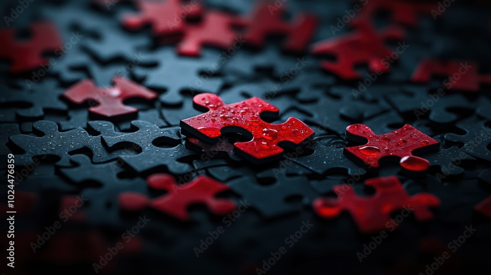 Close-up of red and black puzzle pieces with droplets Close-up of red and black puzzle pieces with droplets