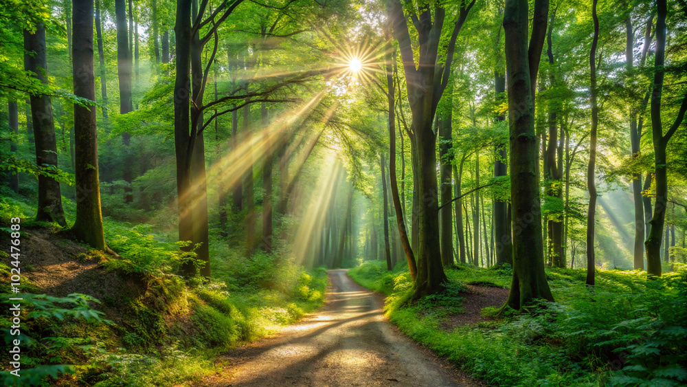 Fototapeta premium path in the forest. forest, trees, path, road, nature, tree, green, landscape, woods, sun, mist, spring, park, autumn, wood, summer, fog, light, trail, foliage, misty, woodland, morning, sunlight, lea