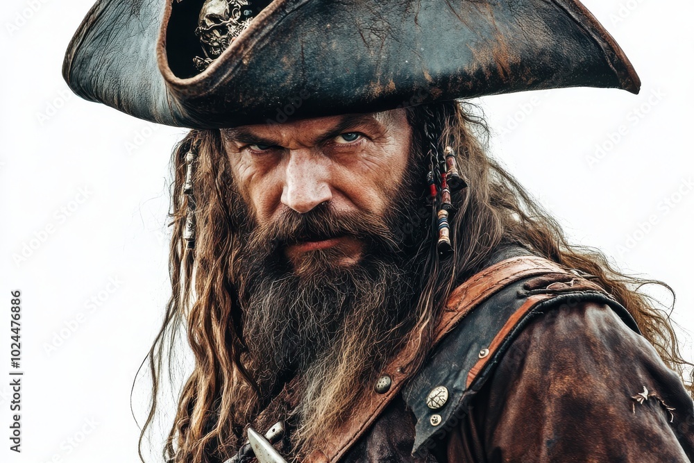 Fototapeta premium A rugged male pirate with a long brown beard and flowing hair, wearing a large tricorn