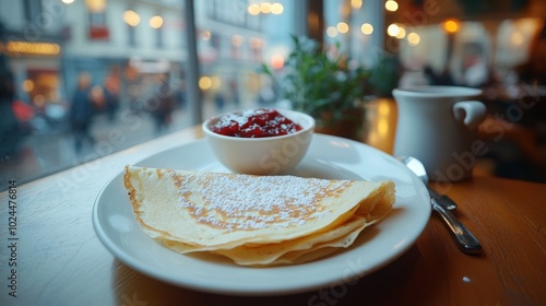 Un plato de crepas espolvoreadas con azúcar glas y servidas con un tazón de mermelada, en un café junto a una ventana que da a la calle.

 photo