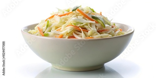 Macro coleslaw in bowl isolated on white background