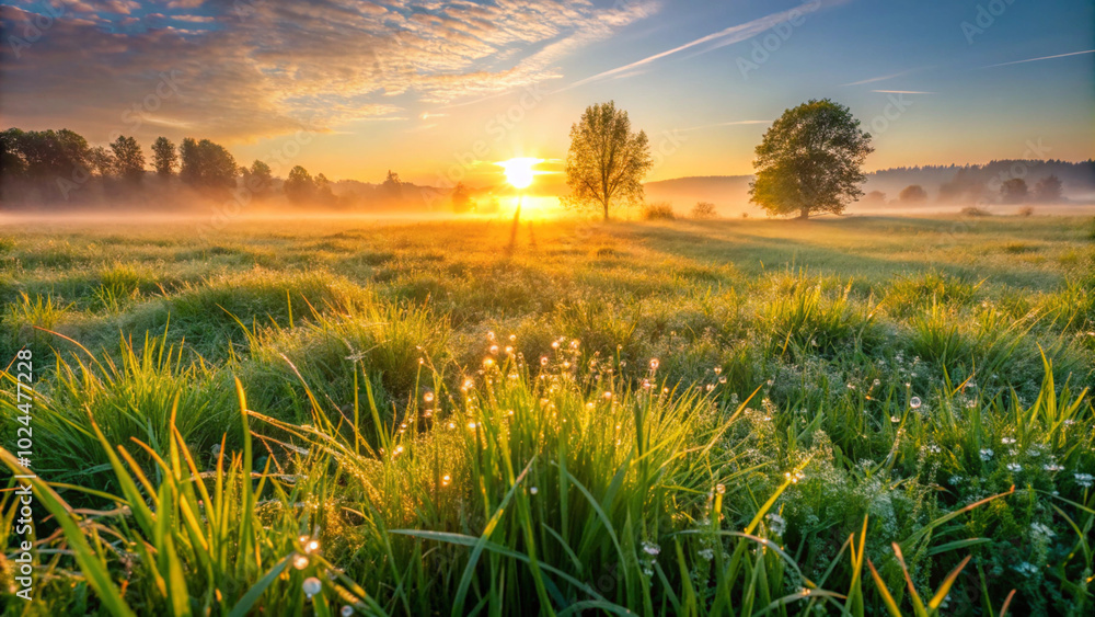 Naklejka premium sunset over the field. field, sky, landscape, sunset, grass, nature, meadow, sun, green, summer, cloud, sunrise, agriculture, rural, clouds, blue, sunlight, country, tree, yellow, countryside, horizon