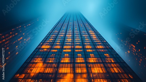 Wallpaper Mural A tall skyscraper with illuminated windows rises into a foggy sky at night. Torontodigital.ca