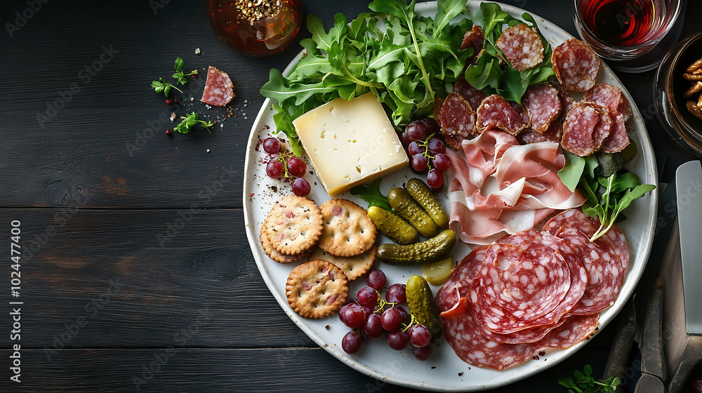 South Tyrolean speck, A plate of charcuterie and cheese, with bacon strips, pickles, cookies, green leaf salad, red grapes, ravioli , on white plate, dark wood table background, top view, food South Tyrolean speck, A plate of charcuterie and cheese, with bacon strips, pickles, cookies, green leaf salad, red grapes, ravioli , on white plate, dark wood table background, top view, food