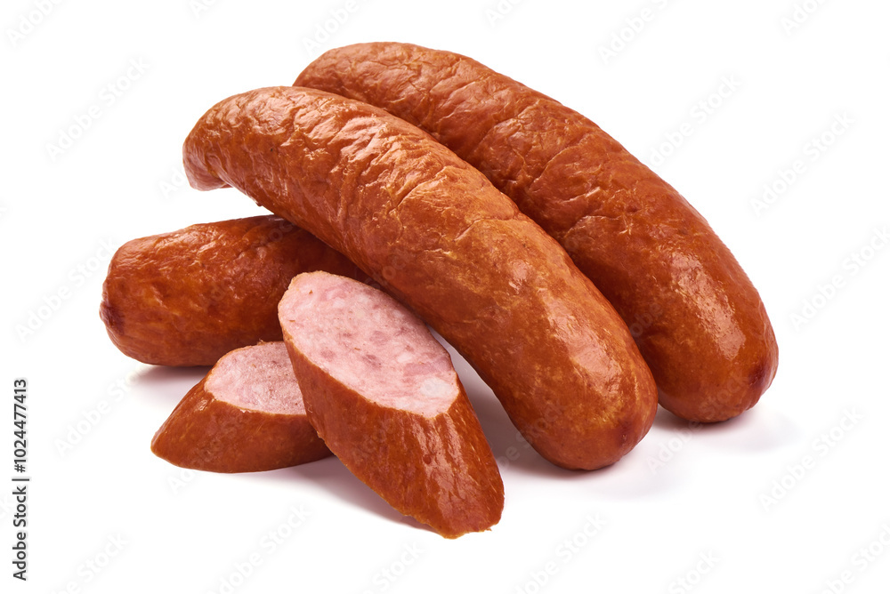 Smoked sausages, isolated on white background. Smoked sausages, isolated on white background.