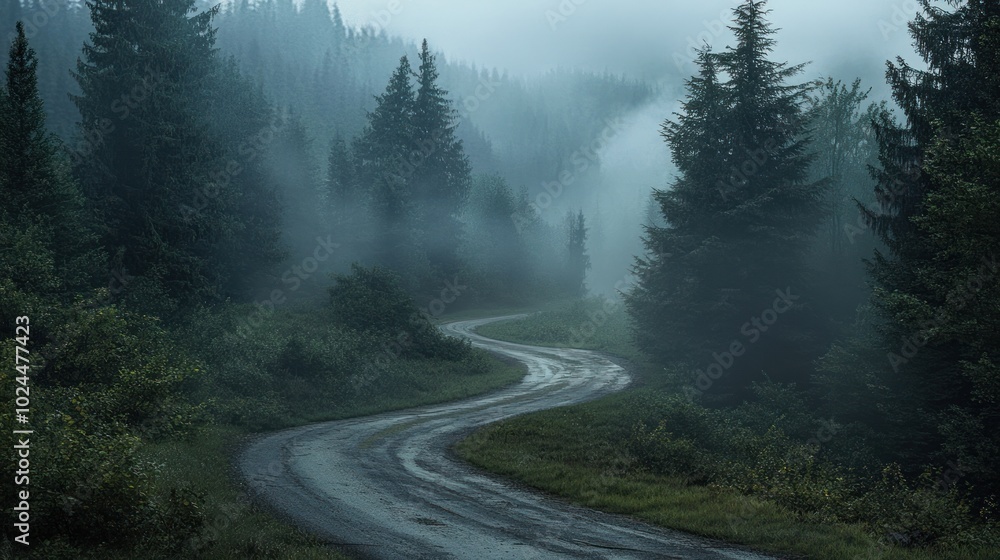 A winding road through a misty forest, evoking mystery and tranquility. A winding road through a misty forest, evoking mystery and tranquility.