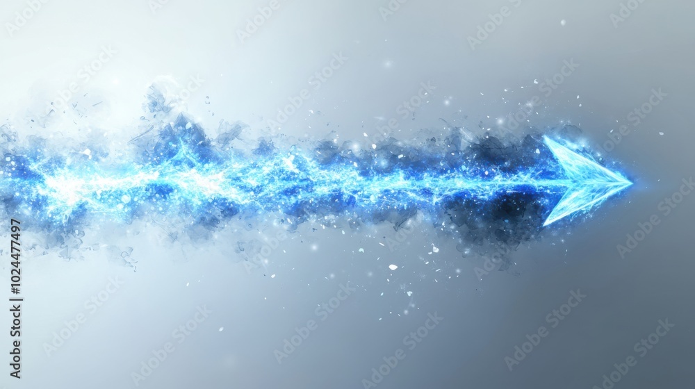 Dynamic blue arrow with glowing particles and light effects on white background. Dynamic blue arrow with glowing particles and light effects on white background.