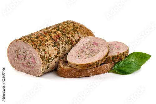 Baked meatloaf, minced meat roll, isolated on white background.