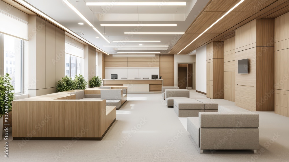 Fototapeta premium Modern office reception area with sleek design and natural light