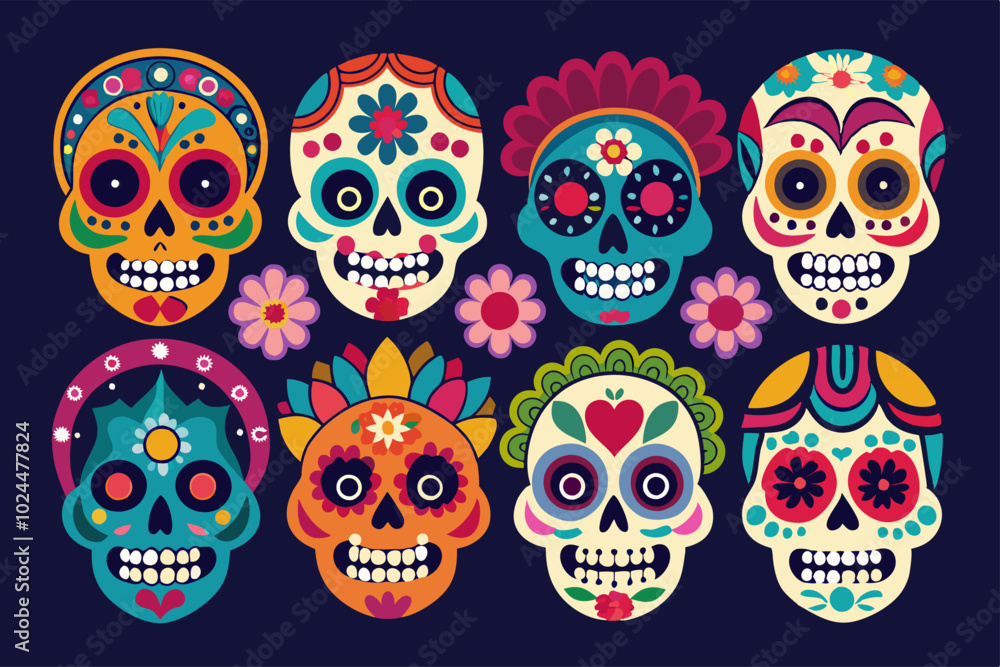 Colorful dia de los muertos calavera skulls with floral patterns Colorful dia de los muertos calavera skulls with floral patterns