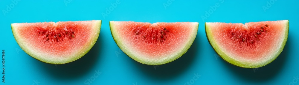 Three slices of ripe watermelon, a vibrant display of summer freshness Three slices of ripe watermelon, a vibrant display of summer freshness