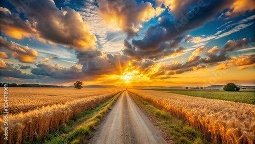 sunset in the field. road, sky, highway, landscape, travel, asphalt, horizon, cloud, sunset, nature, way, sun, field, rural, clouds, journey, car, country, street, grass, sunrise, empty, land, route, 