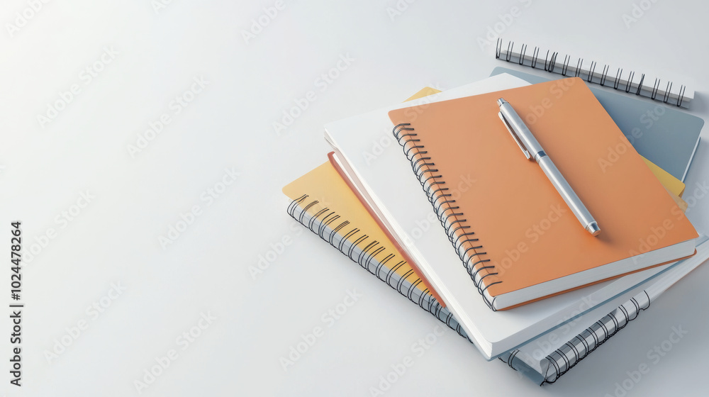 Stack of notebooks with digital pen, showcasing variety of colors and styles. This captures essence of creativity and organization, perfect for students and professionals alike Stack of notebooks with digital pen, showcasing variety of colors and styles. This captures essence of creativity and organization, perfect for students and professionals alike