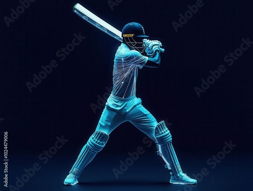 A digital ing of a cricket player batting, displaying a futuristic blue glow against a dark background.