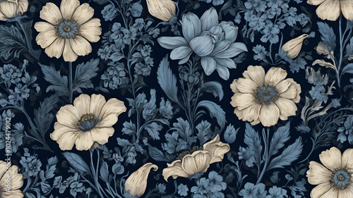 Seamless floral pattern showcasing an array of delicate flowers in soft blue tones, perfect for fabric design, wallpaper, or background applications