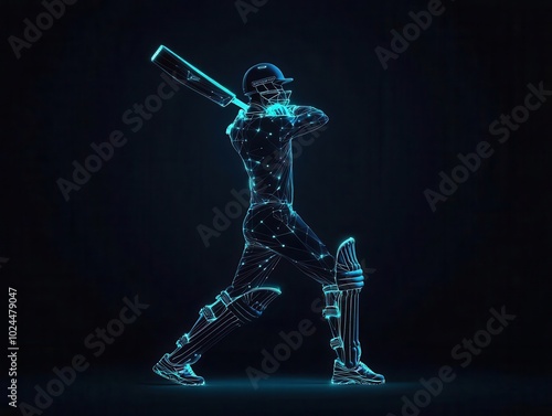A digital representation of a cricket player in motion, swinging a bat with a futuristic, glowing effect against a dark backdrop.