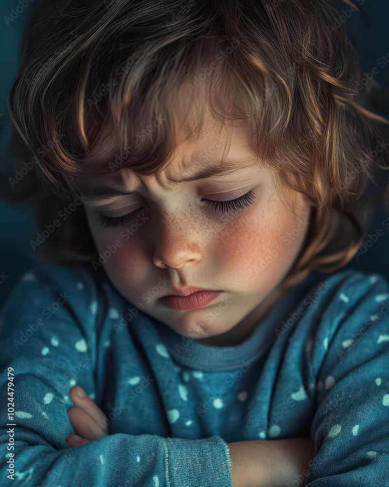 A disappointed child crossing arms, looking down, isolated, soft lighting, close-up shot A disappointed child crossing arms, looking down, isolated, soft lighting, close-up shot