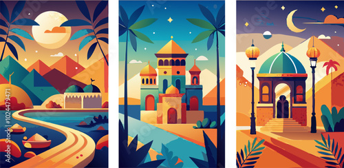 Abstract minimalist holiday collection: vibrant travel posters inspired by exotic destinations