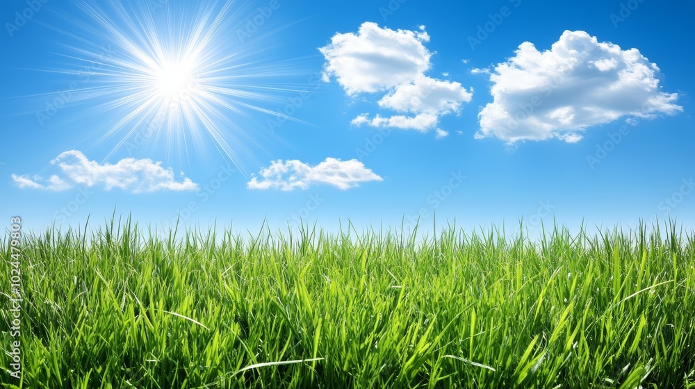 Vibrant blue sky and radiant sun over field of lush green grass Vibrant blue sky and radiant sun over field of lush green grass