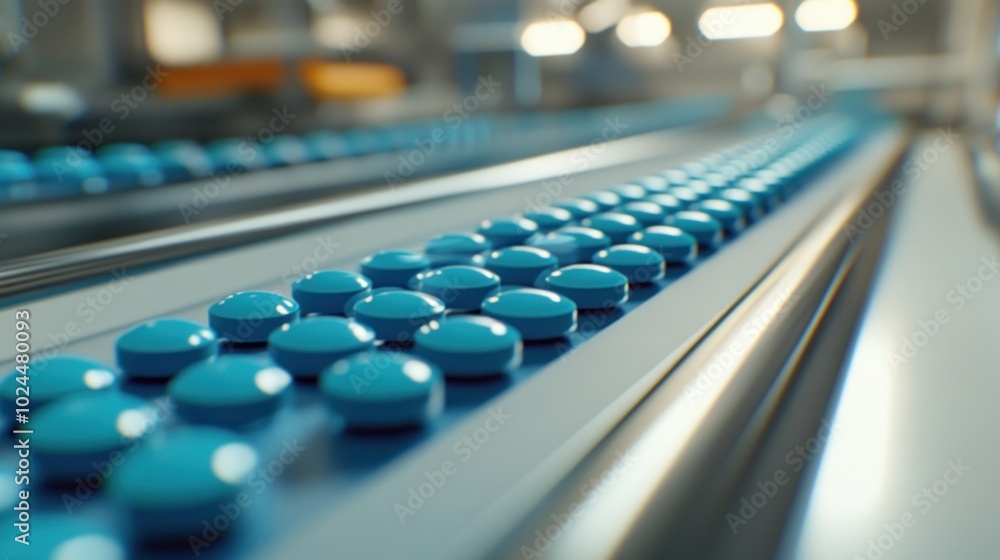A close-up view of blue tablets on a conveyor belt in a manufacturing facility. A close-up view of blue tablets on a conveyor belt in a manufacturing facility.