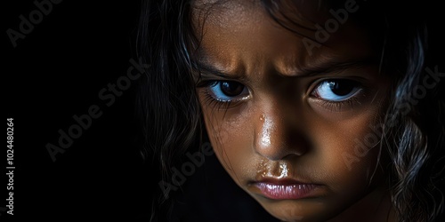 A child crying softly, wiping eyes, isolated, soft lighting, close-up shot photo