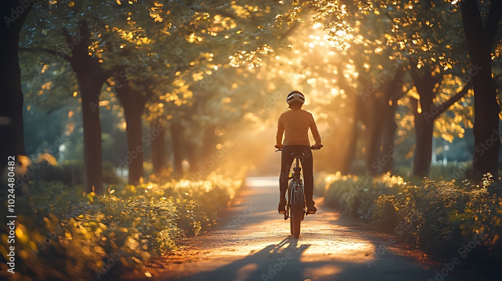 A cyclist rides through a tree-lined path as the sun sets, casting a golden glow. A cyclist rides through a tree-lined path as the sun sets, casting a golden glow.