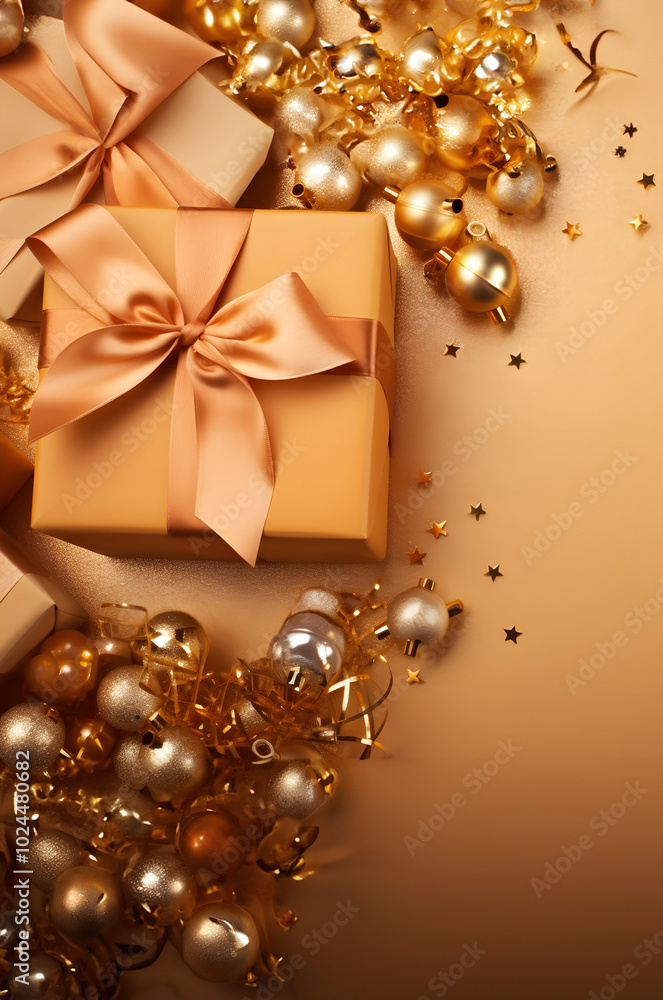 Christmas gift and golden ribbon, star and decoration group on a gold surface. Flat lay, top view, copyspace. Christmas gift and golden ribbon, star and decoration group on a gold surface. Flat lay, top view, copyspace.