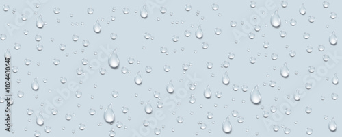 Rain transparent drops flow down the glass.Realistic wet condensation texture.Fresh water splash effect on the surface.Liquid spreading droplet shapes.