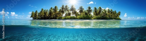 Idyllic tropical island paradise  swaying palm trees and the radiant glow of the sun