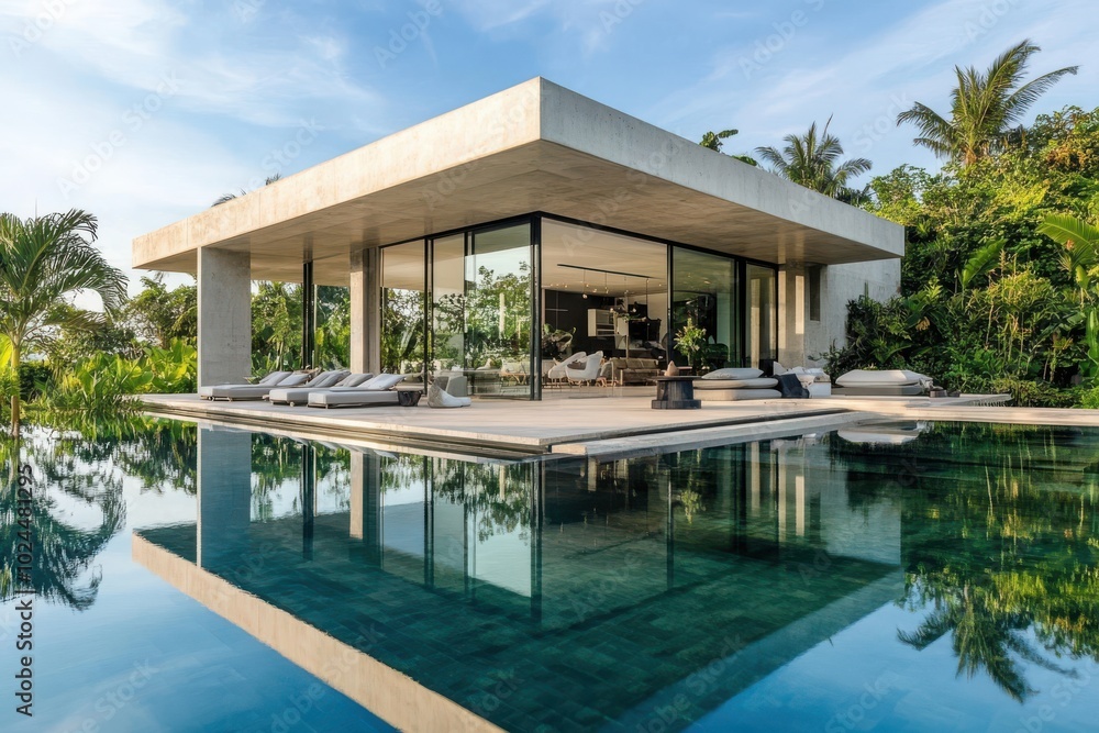 Fototapeta premium A sleek, minimalist modern villa with geometric shapes, featuring large glass windows