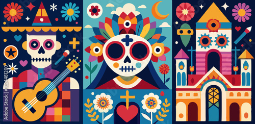 Dia de los muertos celebration poster collection featuring festive skulls and vibrant traditions
