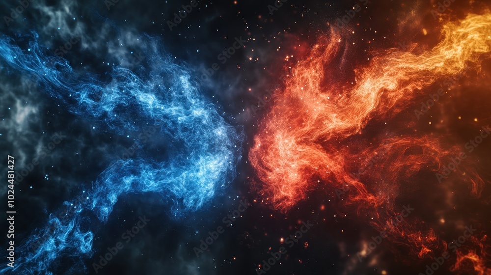 A vibrant cosmic clash of blue and orange flames against a dark backdrop. A vibrant cosmic clash of blue and orange flames against a dark backdrop.