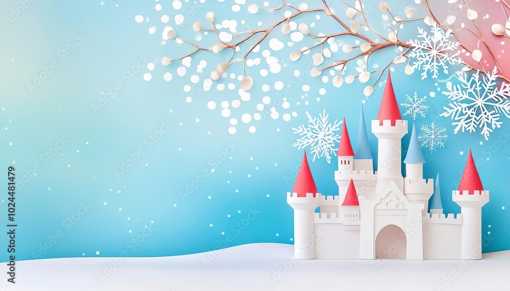 Colorful fairy tale castle surrounded by snowflakes and winter branches. Colorful fairy tale castle surrounded by snowflakes and winter branches.